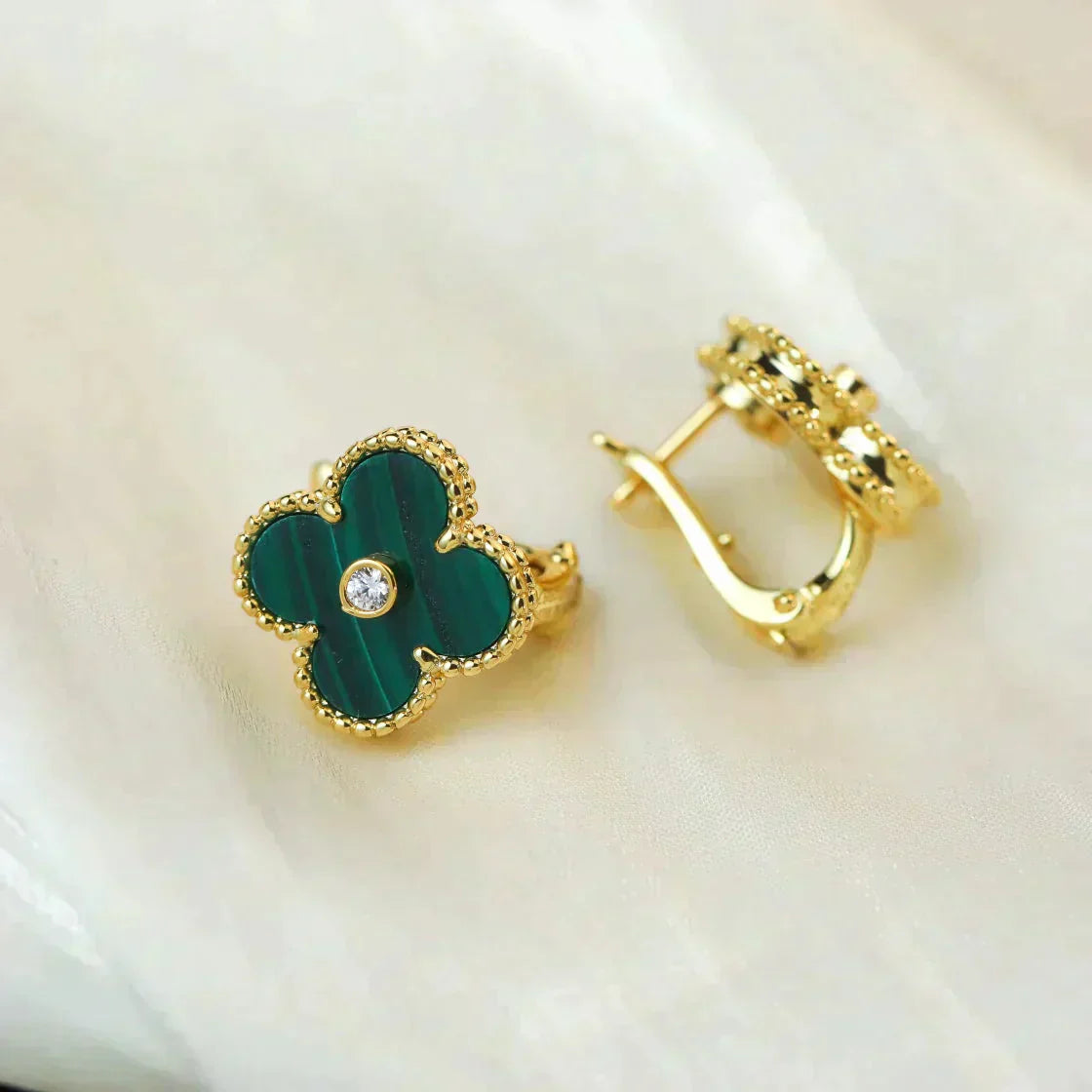 ¡®Dream¡¯CLOVER MEDIUM 1 MOTIFS MALACHITE DIAMOND EARRINGS