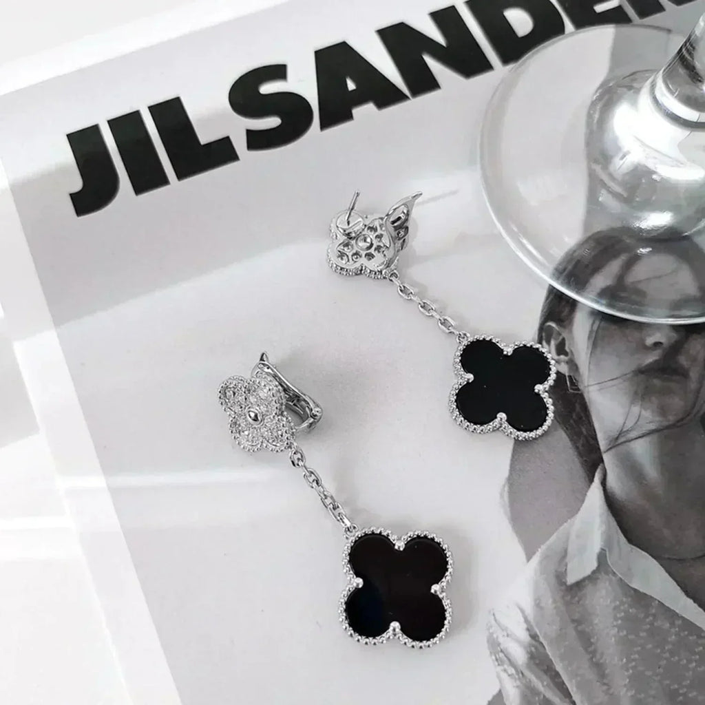 ¡®Dream¡¯CLOVER 2 MOTIFS  DIAMOND ONYX EARRINGS SILVER
