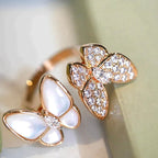 „Dream“-Ring mit Zwillingsschmetterling, Diamanten und Perlmutt