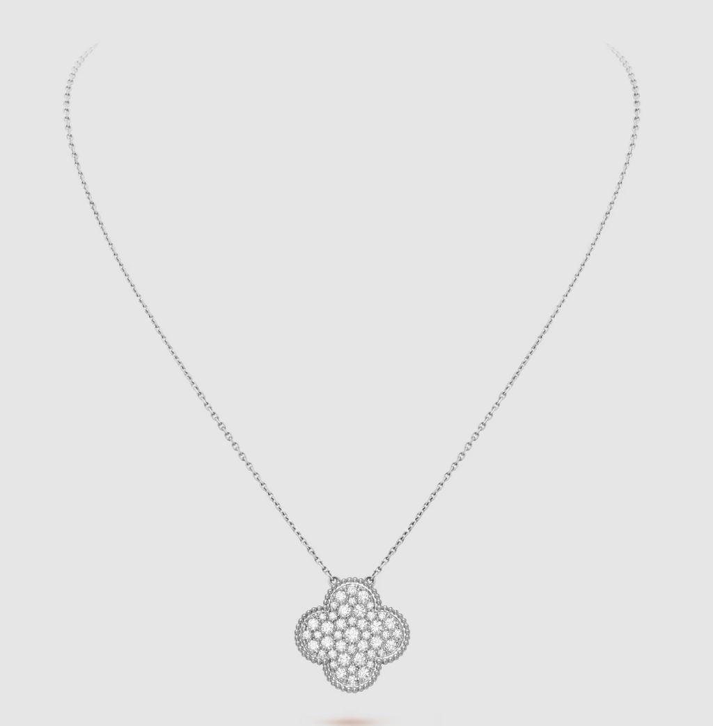 ¡®Dream¡¯CLOVER 25MM LARGE PENDANT DIAMOND PAVED SILVER NECKLACE